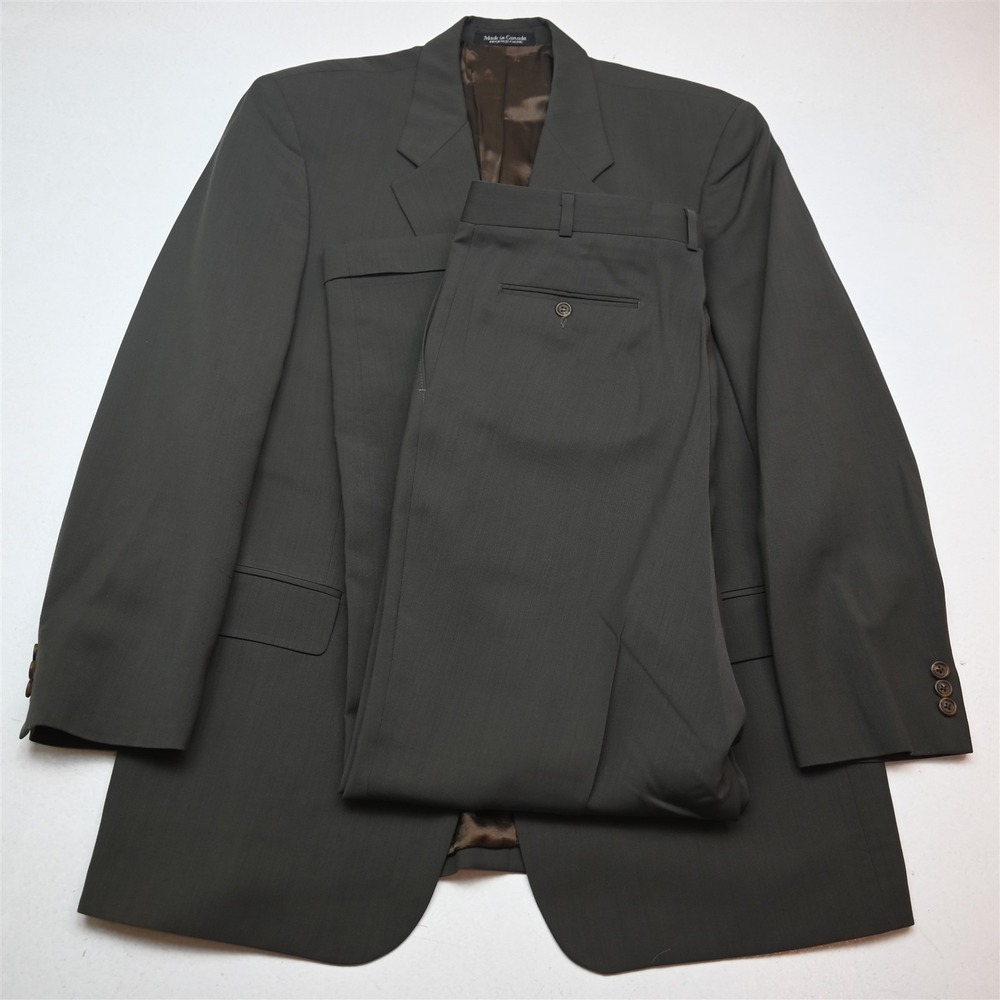 Vtg Y2K 2000s Boxy 44L 34x32 Olive Green Brown 100% Wool Mens Jacket Pants Suit